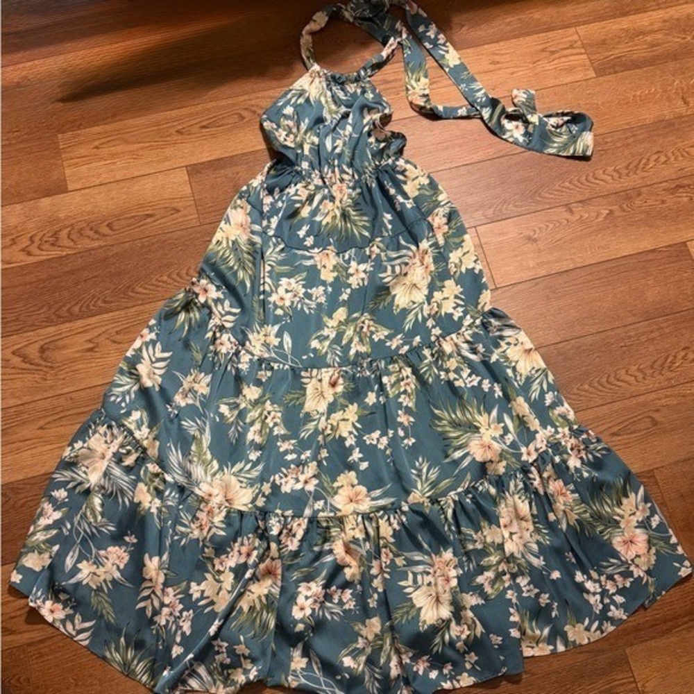 Etiquette Teal Floral Halter Maxi Dress Tropical Tiered Boho Summer Resort Small